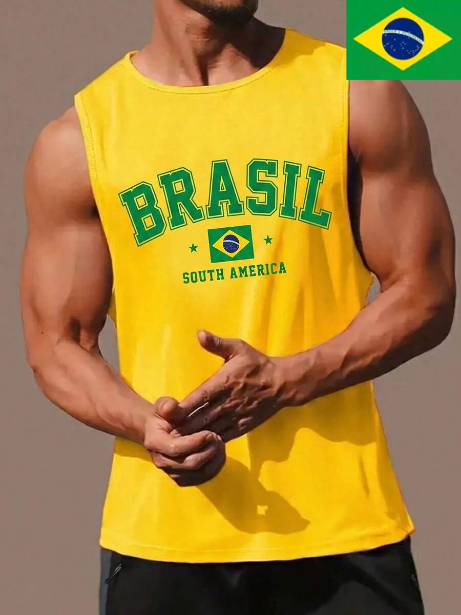 Áo tank top nam FRACTYR mùa hè, phong cách đường phố thường ngày, màu vàng tươi, in hình cờ Brazil, kiểu dáng chữ Y, dáng rộng, cổ tròn, thích hợp cho thể thao và tập luyện, chất liệu mềm mại. - Màu vàng - Xem 1