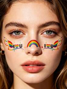 4片装LGBTQ+骄傲月眼贴，活力彩虹心形“爱就是爱”临时纹身贴纸，自粘免胶防水闪亮酷儿爱心美学面部饰品，适合女性女孩参加骄傲游行、节日音乐会、派对、LGBTQ+活动、DIY化妆配件 - 彩色 - 查看 5