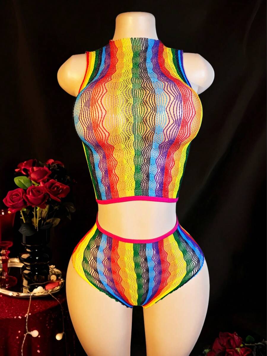 Bộ đồ lót nữ xuyên thấu bằng vải lưới gồm 2 món - Áo croptop không tay cổ yếm và quần cạp cao, đồ lót dệt kim trong suốt. - Nhiều màu - Xem 1