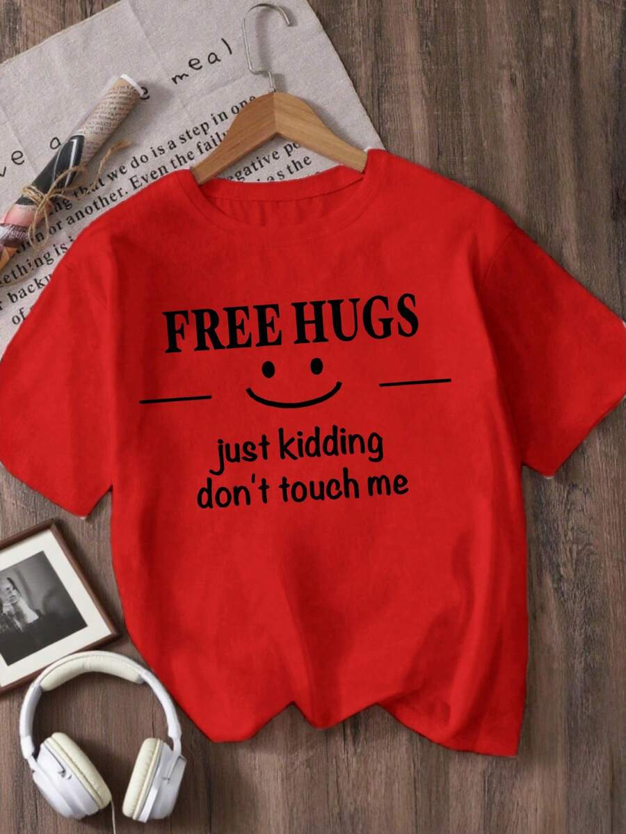Fashionable Short-Sleeved T-Shirt With Round Neck For Girls - Red - View 1