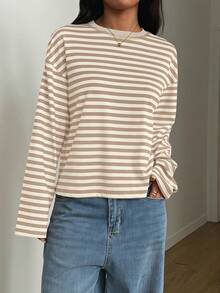 SDNGED Women's Casual Top, Striped Color Block Ribbed Fabric, Everyday Wear Spring/Autumn - Khaki - View 12