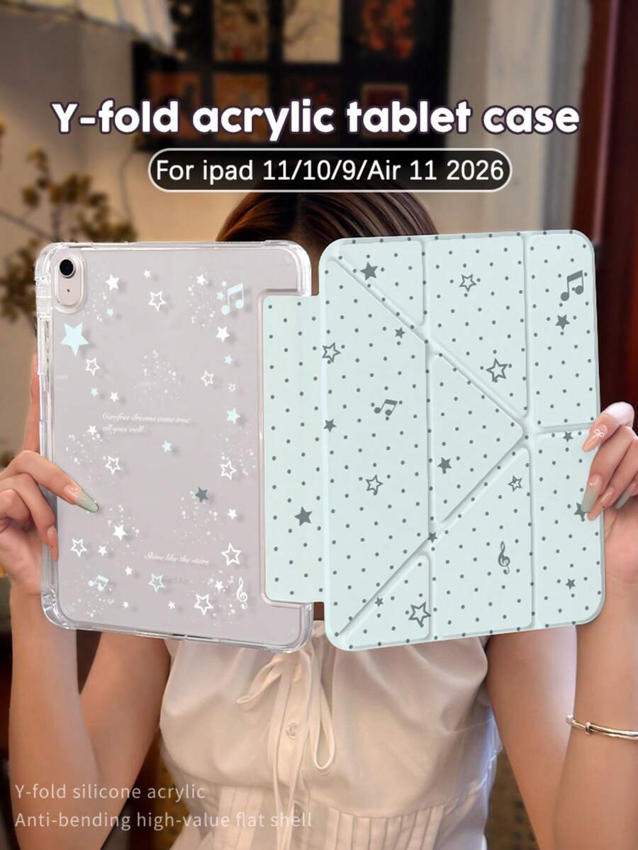 1个：优雅波点和音符Y型折叠透明亚克力保护壳，适用于iPad 11 A16/10/9、Air 11 2026 M4、Pro 11 2025，全角保护，支持自动唤醒/睡眠，中性设计，适合办公/学习/送礼，多角度支架，非磁性保护壳