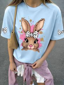1pc Girls' Cartoon Rabbit Bow Print Round Neck Short Sleeve T-Shirt, Cute Cartoon Theme Loose Summer Style, Soft And Comfortable Top - Baby Blue - View 3