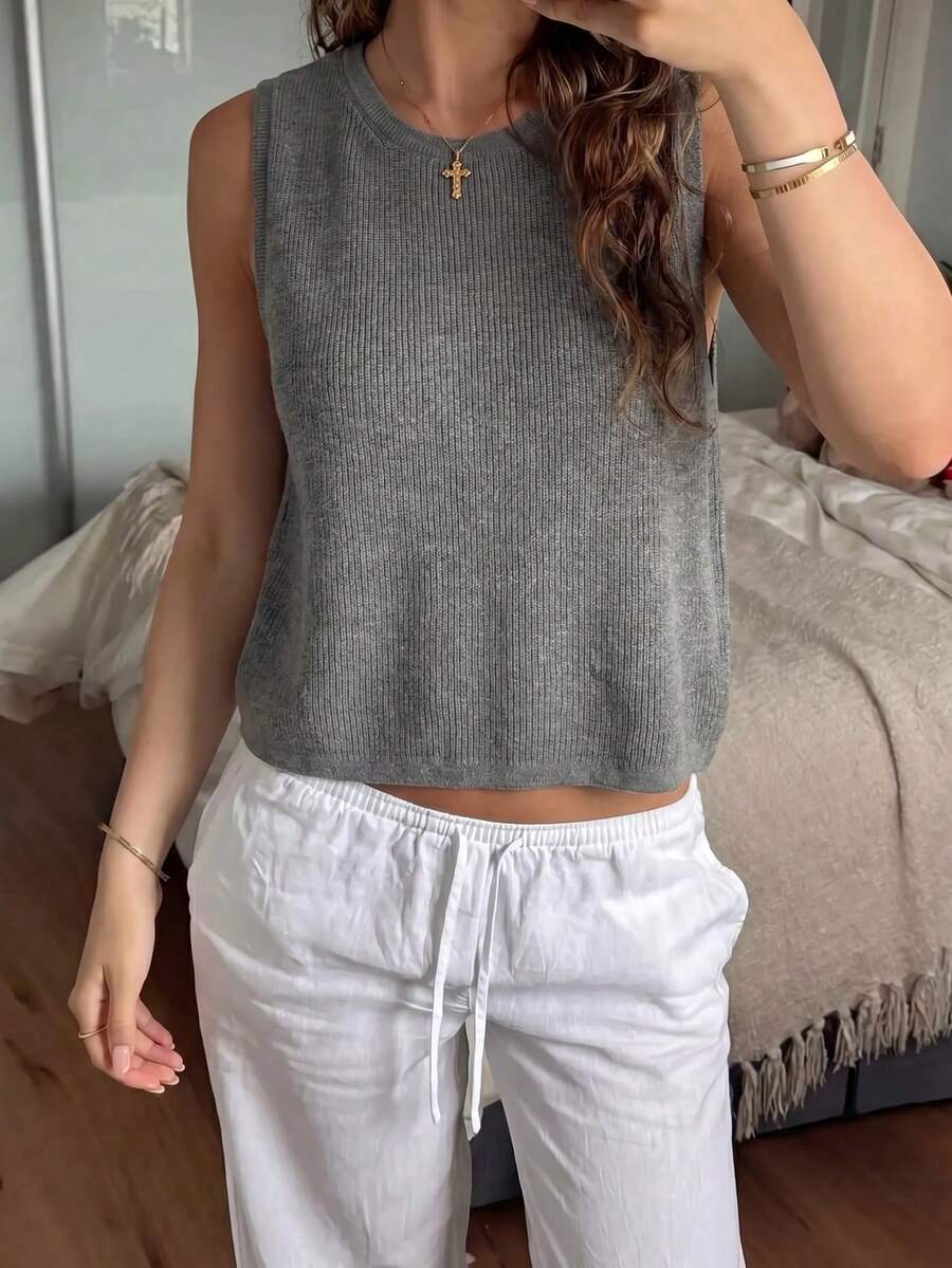 Live To Mo Y2K Women's Casual Knitted Top Sleeveless Round Neck Short Hot Girl Top Suitable For Vacation Travel And Daily Wear Essential Spring - Grey - View 1