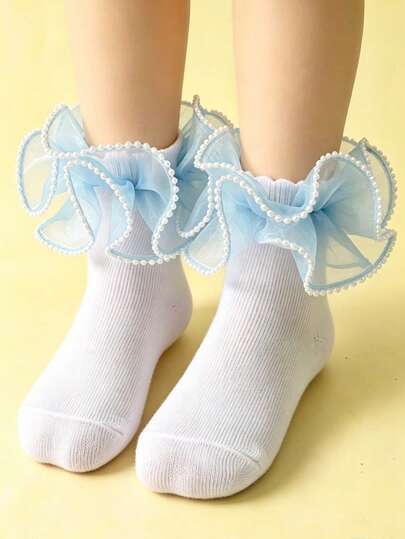 1 đôi tất ren nơ xinh xắn cho bé gái, tất cổ ngắn bằng cotton viền ngọc trai và bèo nhún thanh lịch, kiểu dáng dễ thương phù hợp cho trẻ mới biết đi và trẻ em, hoàn hảo cho các bữa tiệc và mặc hàng ngày.
