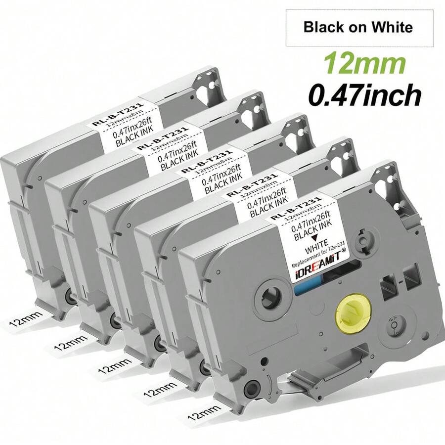 5卷装兼容Brother 12mm标签带，可替换TZe-231标签带，12mm（0.47英寸）覆膜白色标签带，持久耐用，适用于TZe231 P-Touch标签打印机（26.2英尺/8米），防水防褪色，也适用于Brother PTD210、PTD220、PTH110、PTD400、PTD600、PTD610BT、PT-H100、PT-H110标签打印机。