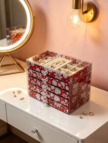 1pc 5/3/1 Layer Printed Acrylic Jewelry Box, Large Capacity Drawers Jewelry Organizer, Transparent Dust-Proof Storage Box For Rings, Earrings, Necklaces, Velvet Lining, Compartment Design, Ideal For Vanity Table, Desk, Gift For Girlfriend, Jewelry Accessories Storage - Multicolor - View 6