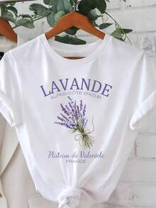 Women's French Lavender Bouquet Print Short Sleeve T-Shirt - Casual Crew Neck Blouse Top Suitable For Daily Wear, Festivals And Romantic Trips, Machine Washable Lavender T-Shirt For Spring And Summer Outfits - 白色 - 查看 1