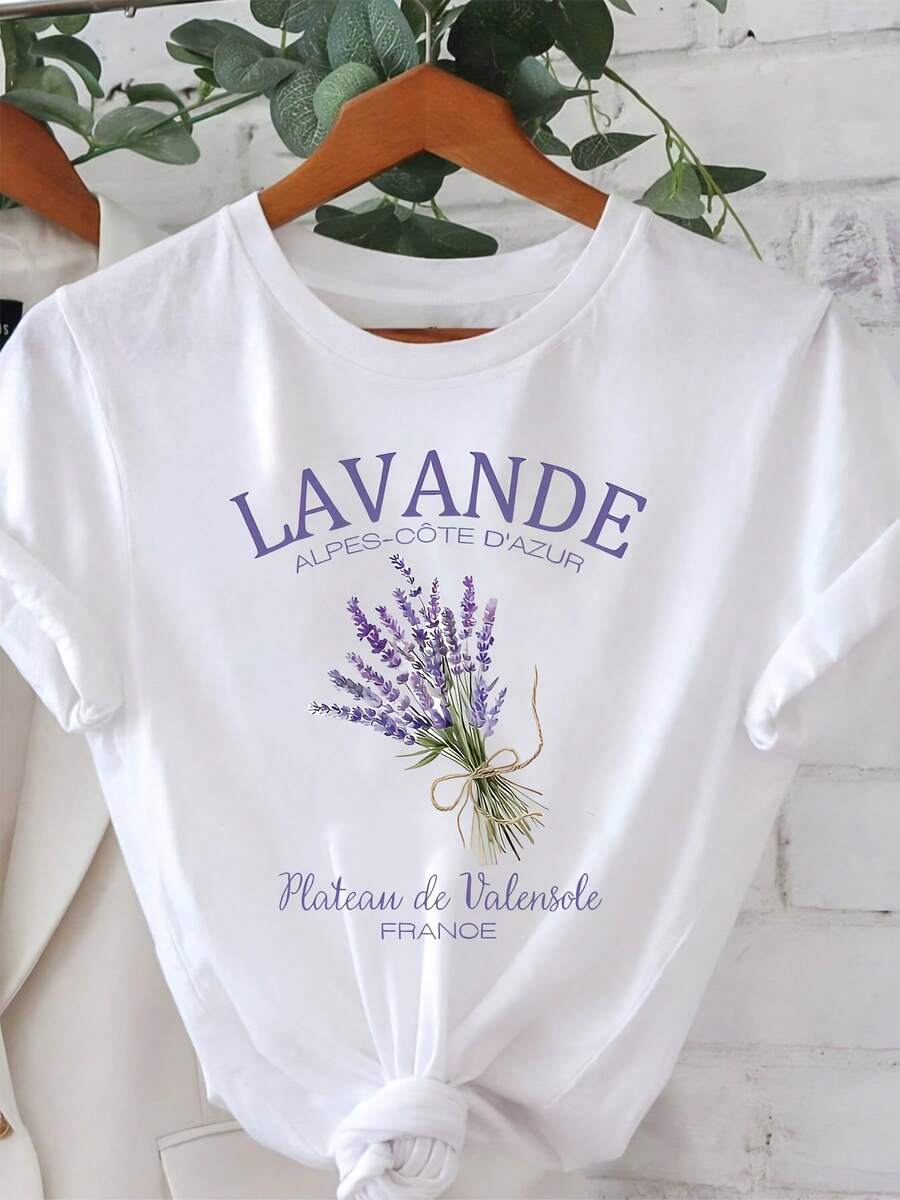 Women's French Lavender Bouquet Print Short Sleeve T-Shirt - Casual Crew Neck Blouse Top Suitable For Daily Wear, Festivals And Romantic Trips, Machine Washable Lavender T-Shirt For Spring And Summer Outfits - 白色 - 查看 1