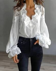 Women's Lace Trim Blouse, Sheer Chiffon Sleeve Ruffle Cuff Top - White - View 2