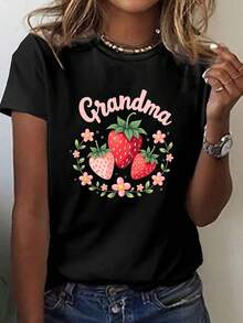 GRANDMA Strawberry And Flower Print T-Shirt, Short Sleeve Crew Neck Casual Top For Summer And Spring, Women's Clothing - 黑色 - 查看 1