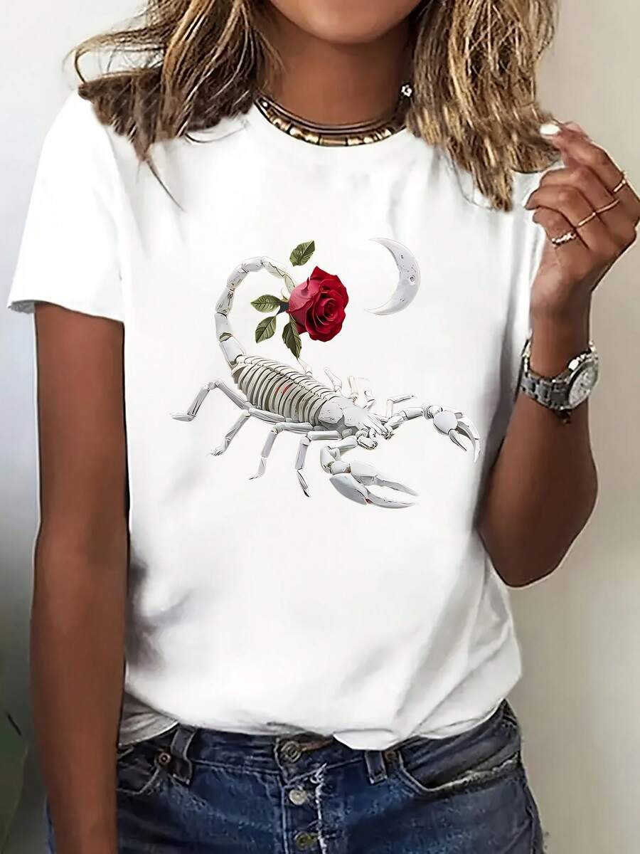 Camiseta de manga corta de escorpión y rosa gótica Y2K de las mujeres - marrón/beige con escorpión blanco y estampado rosa roja, cuello redondo casual, mezcla de poliéster/elastano lavable en máquina, blusa versátil de toda la temporada para fiestas, uso diario &