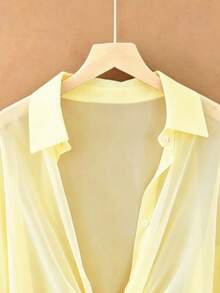 Casual Solid Color Chiffon Front Tie Bow Blouse, Flare Sleeve, Suitable For Vacation & Daily Wear, Summer - Light Yellow - View 3