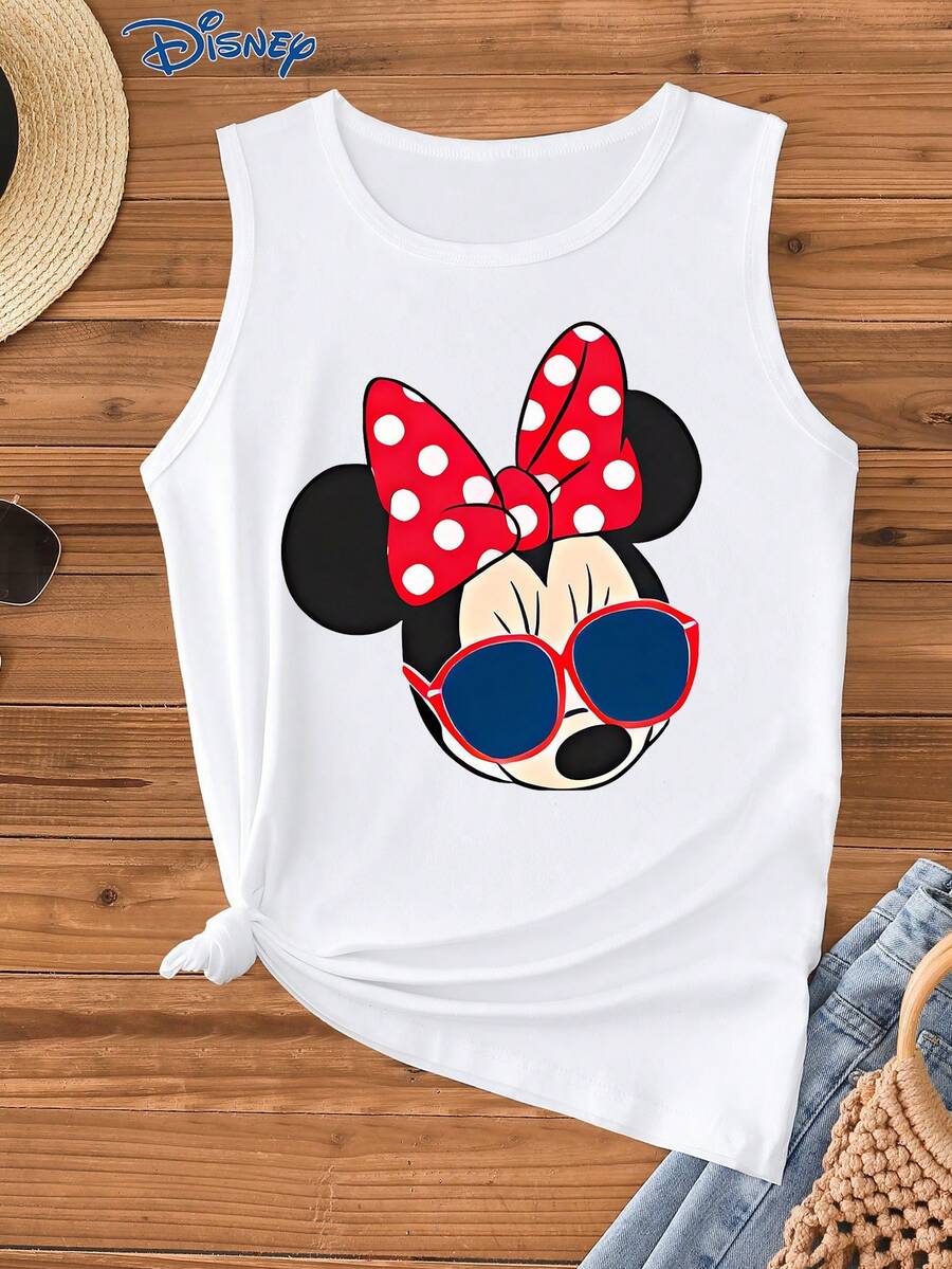 Disney 1件女士迪士尼米妮卡通印花吊带背心，时尚女士背心，圆领略带弹性，适合日常穿着，易护理面料，休闲女士背心 - 白色 - 查看 1
