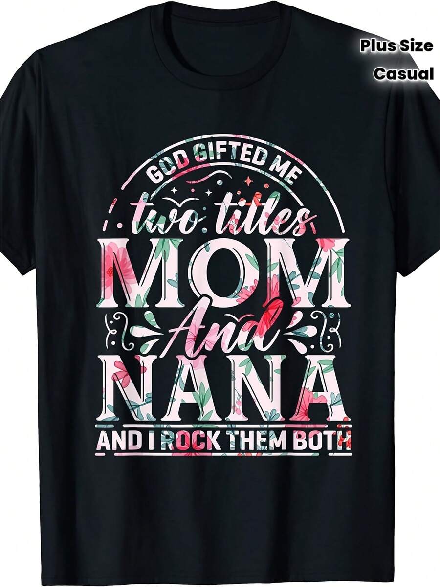 Plus Size, 100% Women's Plus Size T-Shirt 0XL-5XL - Family Gift With Quote For Mom And Grandma, Ideal For Strengthening Family Bonds, Black Short-Sleeved Top With Round Neck, Relaxed And Loose Fit, For Grandma And Niece, Same Style For Men And Women, Short-Sleeved Shirt Summer 2025. - Black - View 1