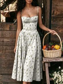 2026 Spring New Women's Clothing: Cross-Border European And American Dress, Elegant French Retro Waist-Cinching Strap Dress - 綠色碎花 - 查看 4