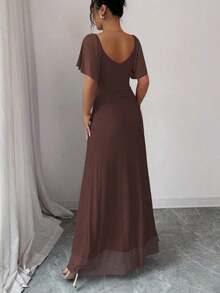 Elenzya Vestido morado claro con cuello en V, mangas con volantes, cintura plisada y abertura, vestido elegante de dama de honor, vestido de fiesta, primavera/verano - Marrón - Ver 2