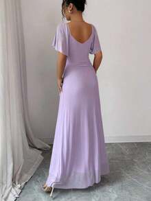 Vestido morado claro con cuello en V, mangas con volantes, cintura plisada y abertura, vestido elegante de dama de honor, vestido de fiesta, primavera/verano - Morado - Ver 2