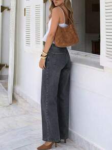 Jeans anchos de pierna ancha de mujer con lavado azul, elásticos y holgados, versátiles para ir al trabajo y uso diario, casuales para todas las estaciones y primavera - Gris - Ver 3