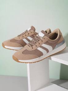 Unisex Retro Patchwork Mesh Sneakers, Soft Sole Non-Slip Breathable Athletic Shoes, Students' Daily Casual Shoes, Teenagers' Flat Casual Shoes For Men And Women, Men's Vintage Suede Mesh Patchwork Sports Shoes, Lace-Up Breathable Casual Shoes - Khaki - View 1