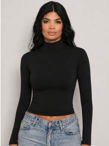 Moderna & Slim Women's Long Sleeve High Neck Blouse, Basic Second Skin Style, Extended Neck, Fitted, Comfortable For Winter - 黑色 - 查看 4