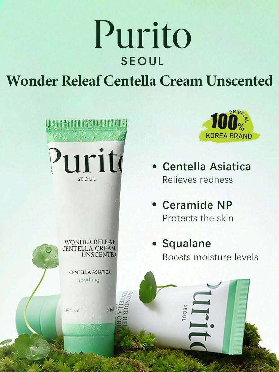Purito Wonder Releaf 積雪草舒緩面霜 50ml/1.69 Fl.Oz.，無香料，50% 積雪草舒緩，神經醯胺與角鯊烷屏障修護，菸鹼醯胺亮白，輕盈不油膩，舒緩泛紅，適合敏感肌，韓美妝，禮品