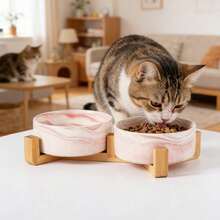 陶瓷猫狗碗，竹底，坚固耐用，防溢防呛，宠物食品水碗套装，易于清洁，适用于猫、狗、幼犬，耐用陶瓷宠物碗，带防滑竹底 - 395ml - 查看 6