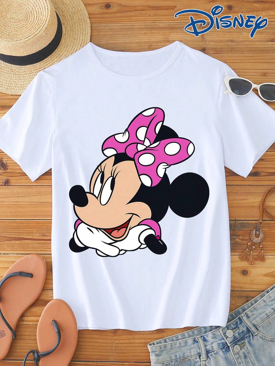 Disney 1 pieza Camiseta de manga corta con estampado gráfico de Minnie Mouse autorizada por IP, cuello redondo, material elástico y de fácil cuidado, adecuada para uso diario, camiseta de manga corta de mujer de moda, ropa casual - Blanco - Ver 1
