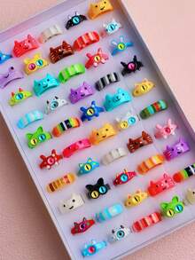 Set de 10 piezas de anillos con elementos de dibujos animados multicolor, elegantes y lindos de estilos mixtos, adecuados para fiestas, bodas, uso diario, regalo de joyería de moda, surtido aleatorio - animal - View 11