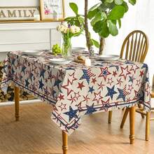 152x210cm Rectangular Tablecloth, Memorial Day/Independence Day Blue & Red Star Pattern, Washable For Party, Picnic, Dinner Decoration - Multicolor - View 3