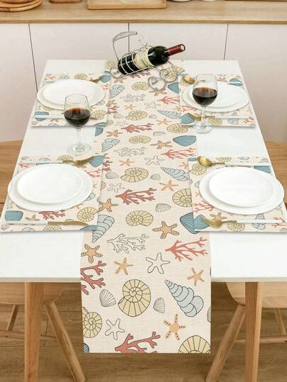 1pc Fresh Ocean Seashell, Coral, Starfish Pattern Linen Table Runner, Suitable For Holidays, Parties, Birthdays, Dinners, Kitchen & Dining Room Decor, Shoe Cabinet Cover, All Season Home Textile Decoration