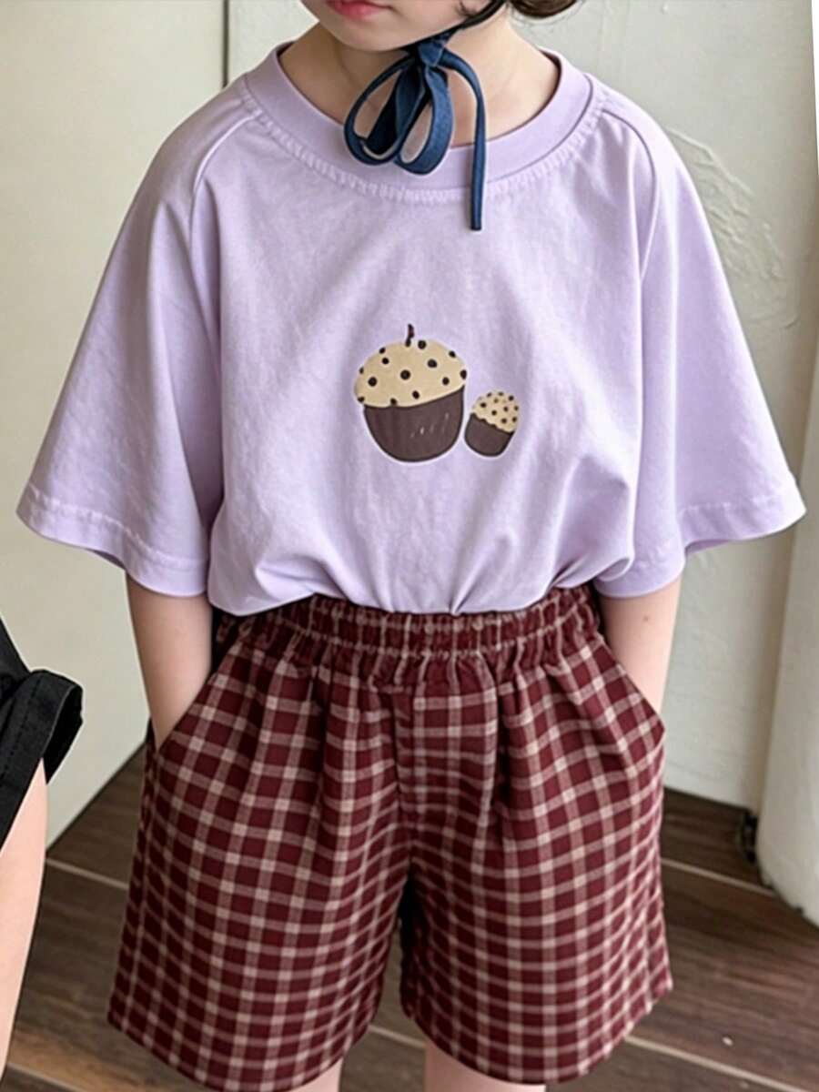 Top de manga corta sencillo, informal y bonito con estampado para niños, ideal para el verano. - Púrpura malva - Ver 1