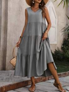 Women's Sleeveless V-Neck Tiered Maxi Dress,Solid Color Casual Swing Dresses,Summer Dress,Plus Size Dresses For Women,Pride,Elegant Dress For Women - 灰色 - 查看 1