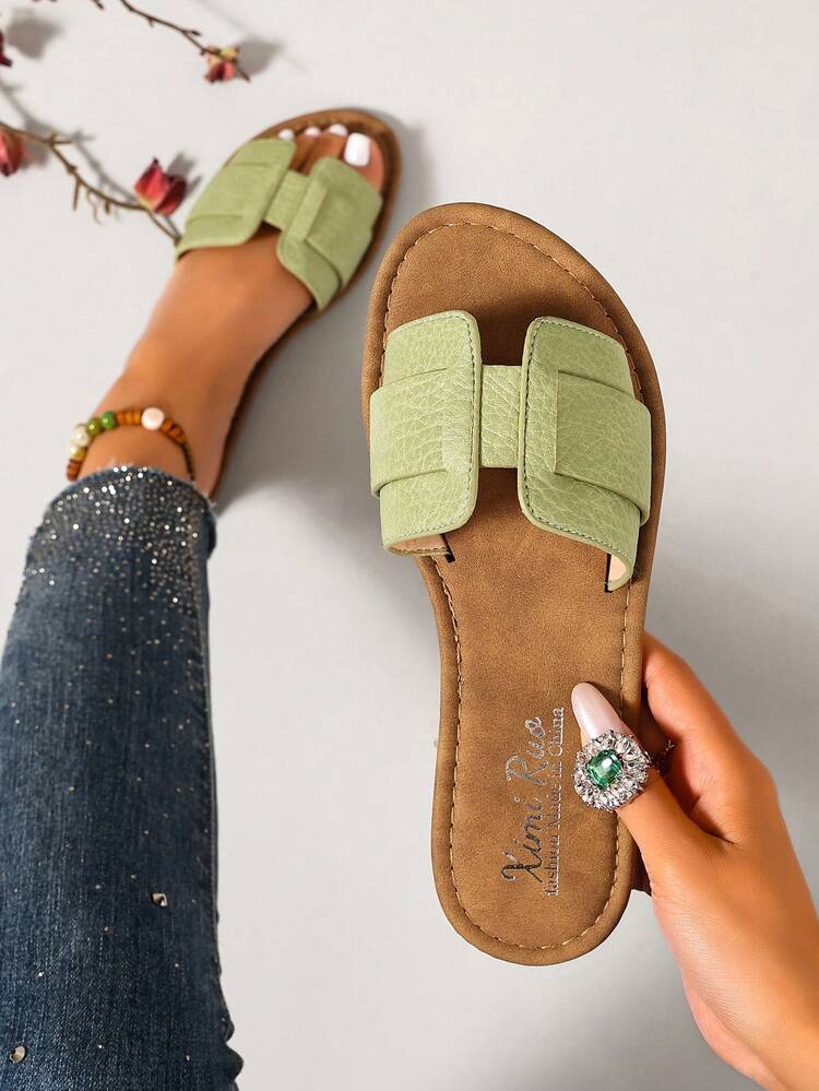 Ximi Ruo Women's Casual Flat Woven Roman Sandals, Suitable For Spring, Summer, Outdoor, Beach, Apartment, Dress Matching, Fashion Slip-On Slippers - Lime Green - View 2
