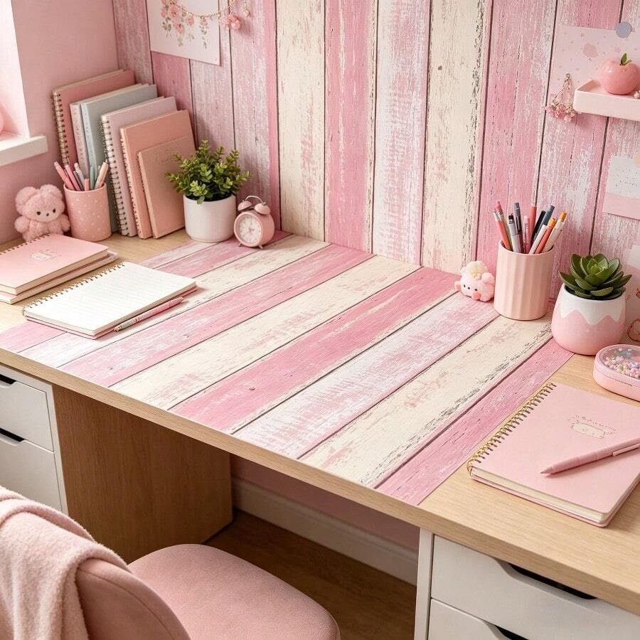 1 Roll Of Shabby Chic Pink And White Self-Adhesive Vinyl Wood Grain Wallpaper/Waterproof And Removable/Peel And Stick/Bedroom Living Room Kitchen Cabinet Wall Furniture Renovation/Old Wooden Door Renovation/Background Wall Decoration/Renter Friendly