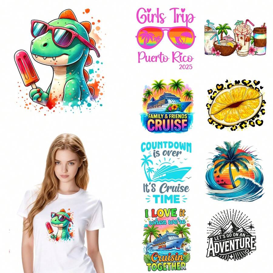 9PC DIY iron on transfers for tshirts,  Dinosaur With Sunglasses And Popsicle   Girls Trip Puerto Rico 2025   Family And Friends Cruise   Countdown Is Over It's Cruise Time   I Love Caribbean Beaches   Cruisin Together   Let's Go On An Adventure   Tropical Palm Tree Sunset   Coconut Cocktail Drinks   Lemon Slice With Leopard Print , Easy Heat Transfer for Clothing, T-Shirts, Jeans, Backpacks, Hats & Pillows,  Washable Stickers Perfect for Casual Style, Ideal Gift for Women and Men. - Zufälliger Stil - Übersicht 1