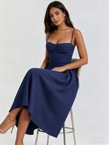 2026 Spring New Women's Clothing: Cross-Border European And American Dress, Elegant French Retro Waist-Cinching Strap Dress - 深藍色 - 查看 6