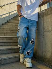 Jeans rectos de pierna ancha con estampado de letras lavados y desgastados para hombres - Azul lavado medio - Ver 8