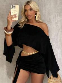 Boho 2 Piece Outfits Textured Off Shoulder Batwing Sleeve Top & Tie Side Skirt Set, Sexy Solid Seaside Vacation 2 Piece Outfits Trajes Elegantes De Mujer Summer Beach Resort Wear - 黑色 - 查看 3
