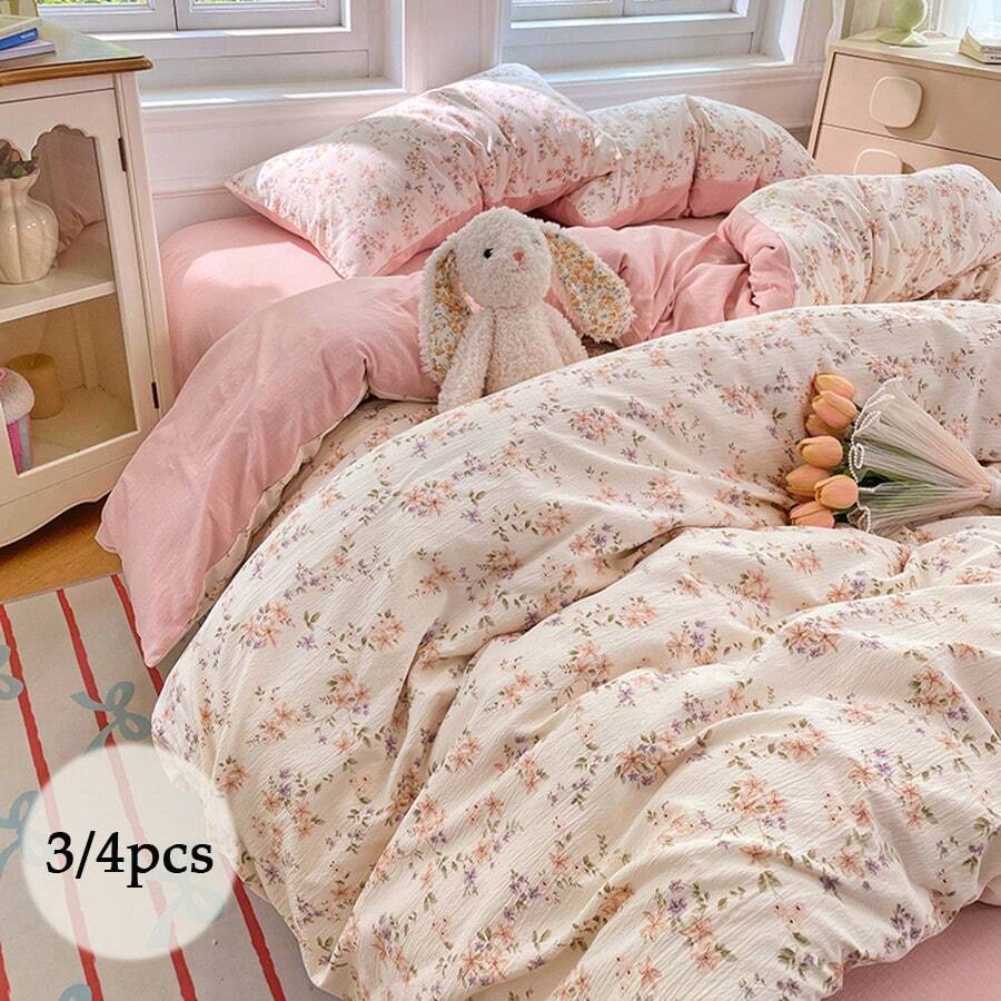 3/4件套床上用品,橙紫色小碎花被套套装,枝叶碎花床品套装,柔软透气,可机洗,清新粉色调家居床上用品,四季皆宜,适用于客房、出租房、宿舍、卧室,包含1件被套(不含被芯)、1件床单、1/2件枕套(不含被芯)。 - 淺粉色 - 查看 1