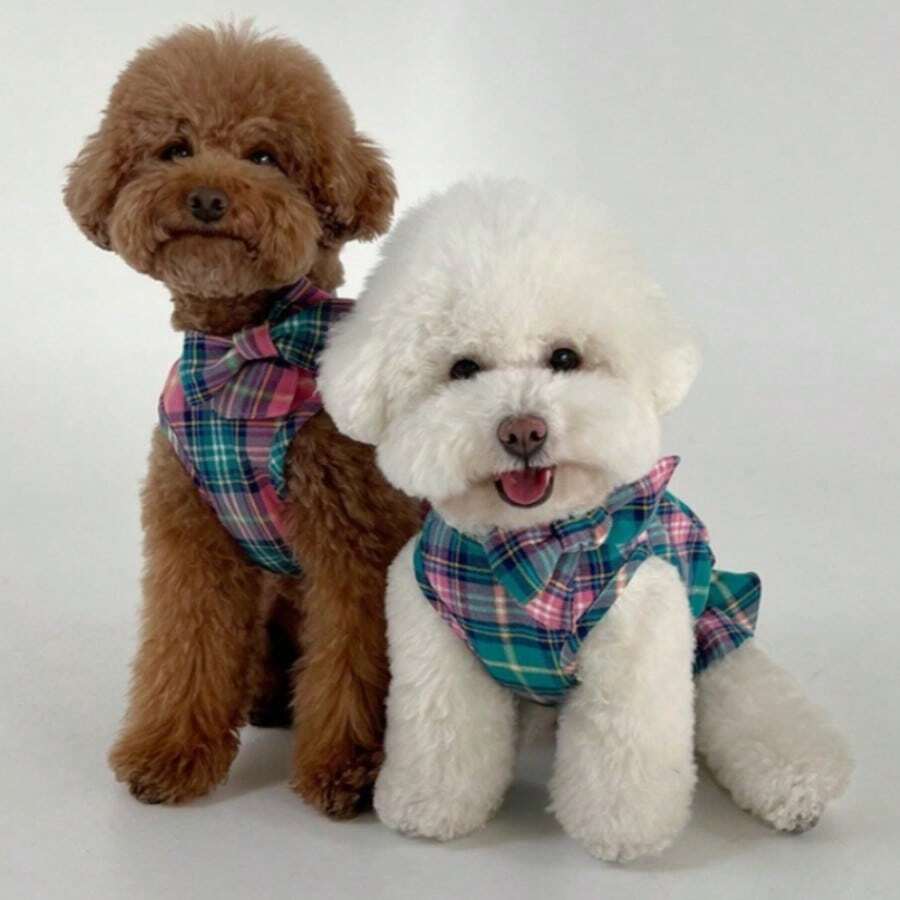 Vestido con lazo a cuadros para mascotas, ropa linda para gatos/perros - Azul - Ver 1
