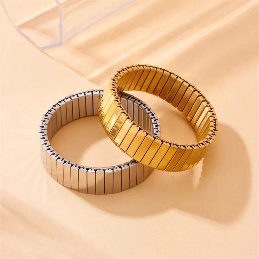1pc Versatile Gold & Silver Color Bracelet, Stainless Steel Elastic Bangle, Fashionable Summer Accessory For Women