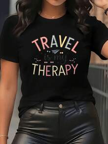 Fashionable Women'S Short Sleeve T-Shirt, Vibrant Printed Design Featuring Colorful Lettering And Airplane Motifs, Machine Washable, Easy To Pair, Comfortable And Casual Crew Neck Top,  Street Style Short Sleeve - Black - View 1
