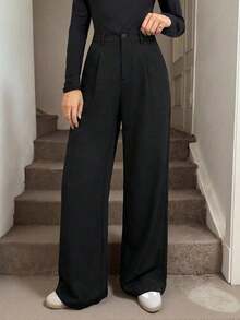 Pantalones plegados elegantes con bolsillos para mujeres maestras, pantalones de otoño/invierno de cintura alta, pantalones de pierna ancha, pantalones sueltos, pantalones holgados, pantalones de negocios profesionales para mujeres, pantalones - Negro - Ver 4