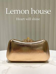 1pc Elegant Gold Reflective PU Plaid Evening Bag, Rhinestone Clasp, Fashion Clutch Purse, Suitable For Formal Dinner, Party, Wedding, Ideal Gift For Women - Gold - View 6