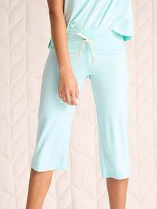 Women's Drawstring High Waist Capri Sweatpants, Loose Wide Leg Soft Knit Cropped Trousers Casual Daily Lounge Streetwear Summer Bottoms - 薄荷藍 - 查看 5
