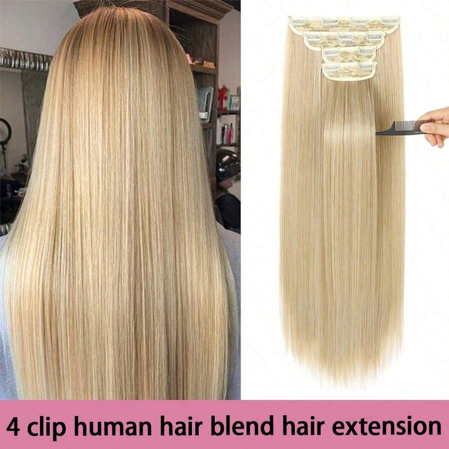 Kẹp tóc đuôi ngựa NATAN viền vô hình, dùng cho tóc giả, 4 chiếc, 18 inch, 100% tóc thật màu đen không đường nối, tóc nhân tạo, tóc xoăn thẳng, tóc thật nguyên chất. - S613 - Xem 1