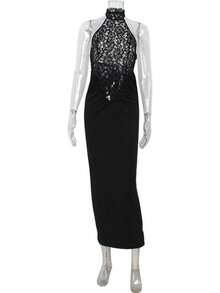 Vestido ajustado con encaje cuello colgante y espalda descubierta - Negro - Ver 4