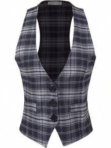 Women's Racerback Tuxedo Vest Slim Fit Stretch Waistcoat Versatile Dressy Casual Sleeveless Layered Outfit - 灰色/海軍藍 - 查看 1