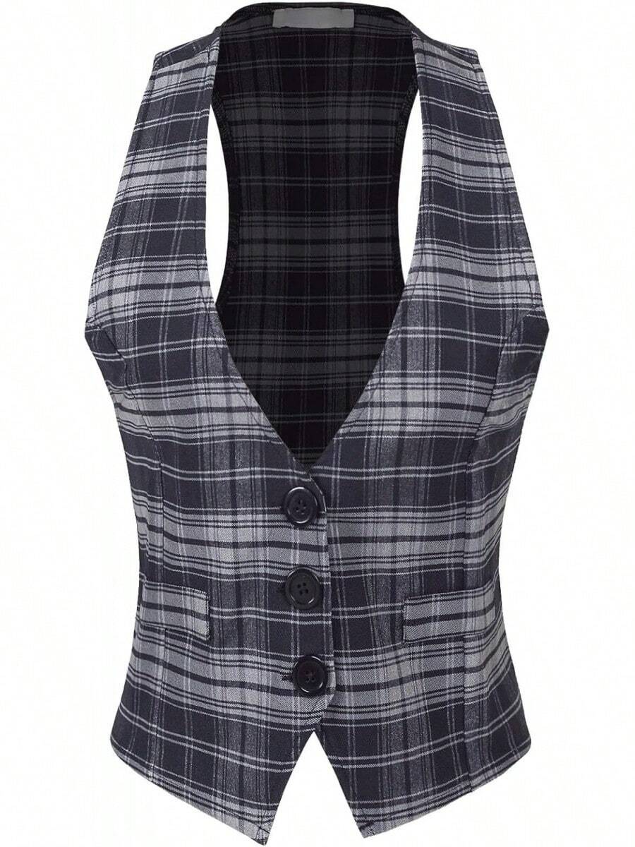Women's Racerback Tuxedo Vest Slim Fit Stretch Waistcoat Versatile Dressy Casual Sleeveless Layered Outfit - 灰色/海軍藍 - 查看 1